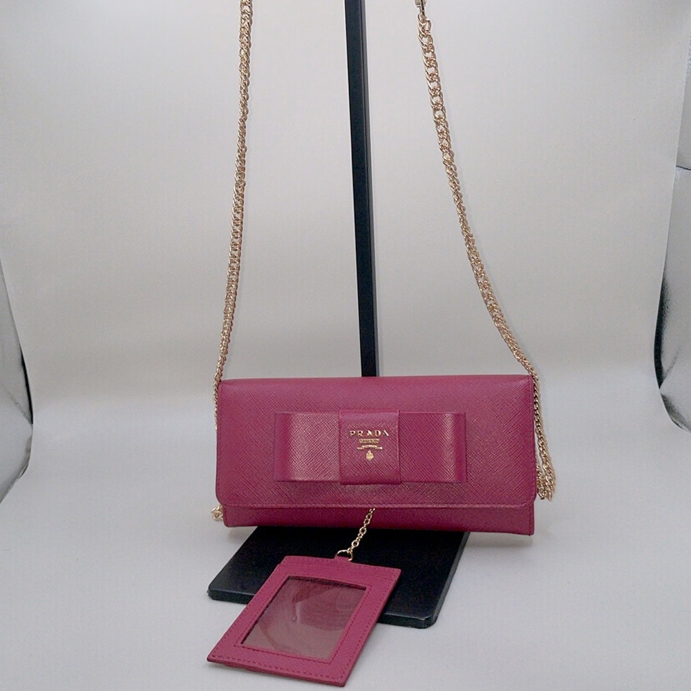 Prada Saffiano leather long wallet with ribbon hook pink case